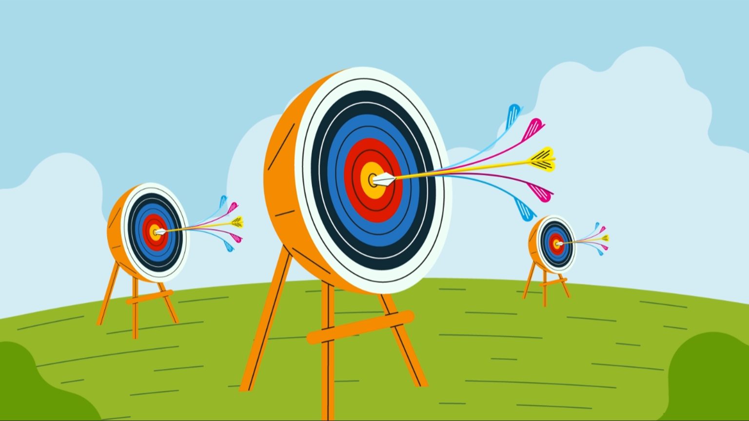 beautiful bright and colorful arrows hitting the bullseye on each of their targets.